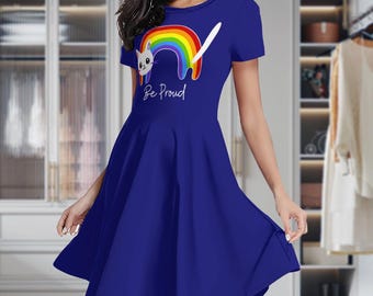 Be Proud Rainbow Cat Skater Dress, LGBTQ+ Pride Dress for Women, Funny Kawaii Cat Graphic Summer Dress, queer cat dress, Cute pride dress