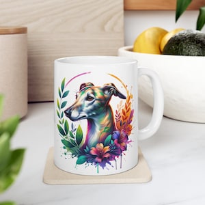 Botanical Greyhound mug, Floral Whippet Mug, cottagecore aesthetic coffee mug, Vintage Greyhound tea cup, flowers mug watercolor whippet mug