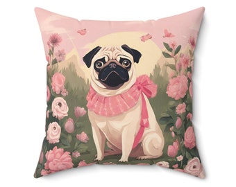 Cojín floral de Pug, cojín de trapeadores lindos, decoración vintage para el hogar estilo Cottagecore, cojín victoriano, cojín decorativo, cojín con estampado de Pug y flores