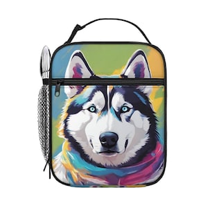Bolsa térmica colorida con diseño de husky siberiano: bolsa para almuerzo con soporte para utensilios, bolsa impermeable y portátil, bolsa de picnic con diseño de husky siberiano.