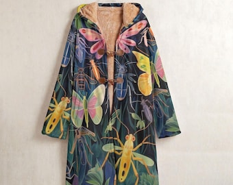 Botanical Insect Fleece Windbreaker, Artistic Bugs Long Coat, Cozy Butterfly Jacket, Insect Horn Button Outerwear, Nature Warm Casual Jacket