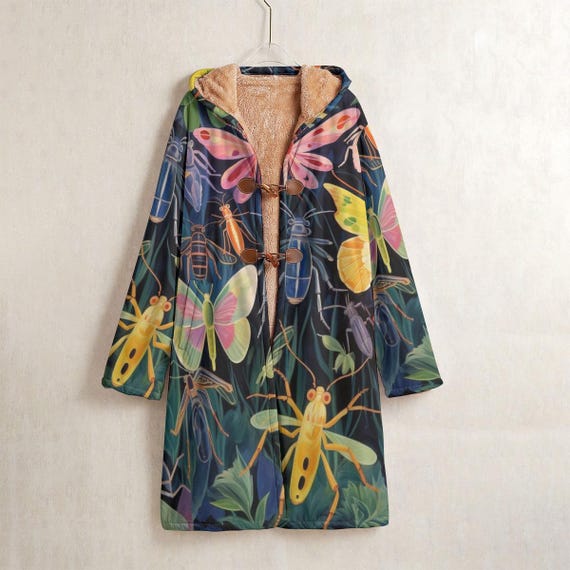 ジャケット・アウター Birthday Bash L BUTTON BUTTERFLY BOA Botanical Insect Fleece Windbreaker, Artistic Bugs Long Coat, Cozy