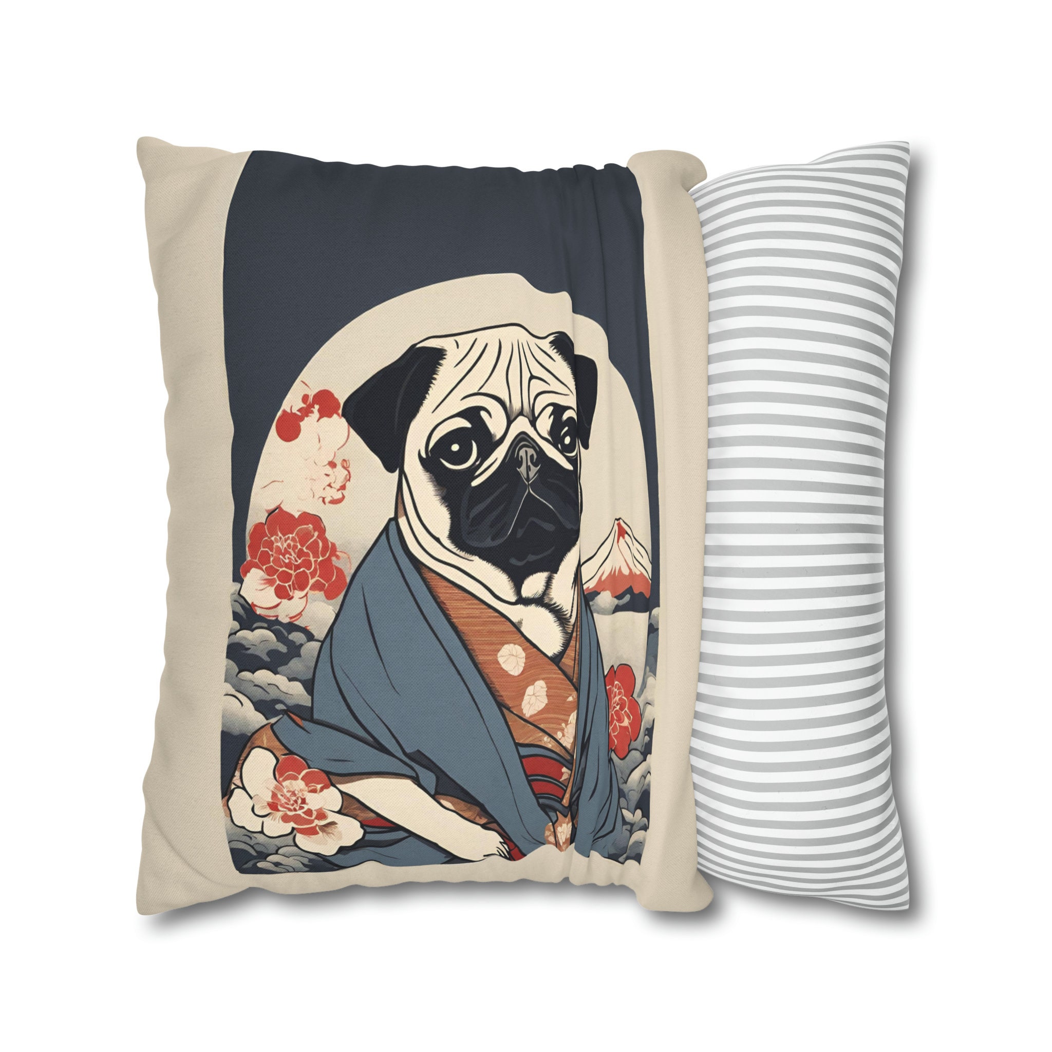 Pug Japanese Art Square Pillow Cover, Cute Mops Ukiyoe Style