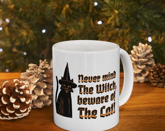 Witchy black cat Ceramic Mug 11oz, celestial magical cat mug, vintage cup, mystical gothic mug, cat owner gift, witch familiar coffee mug