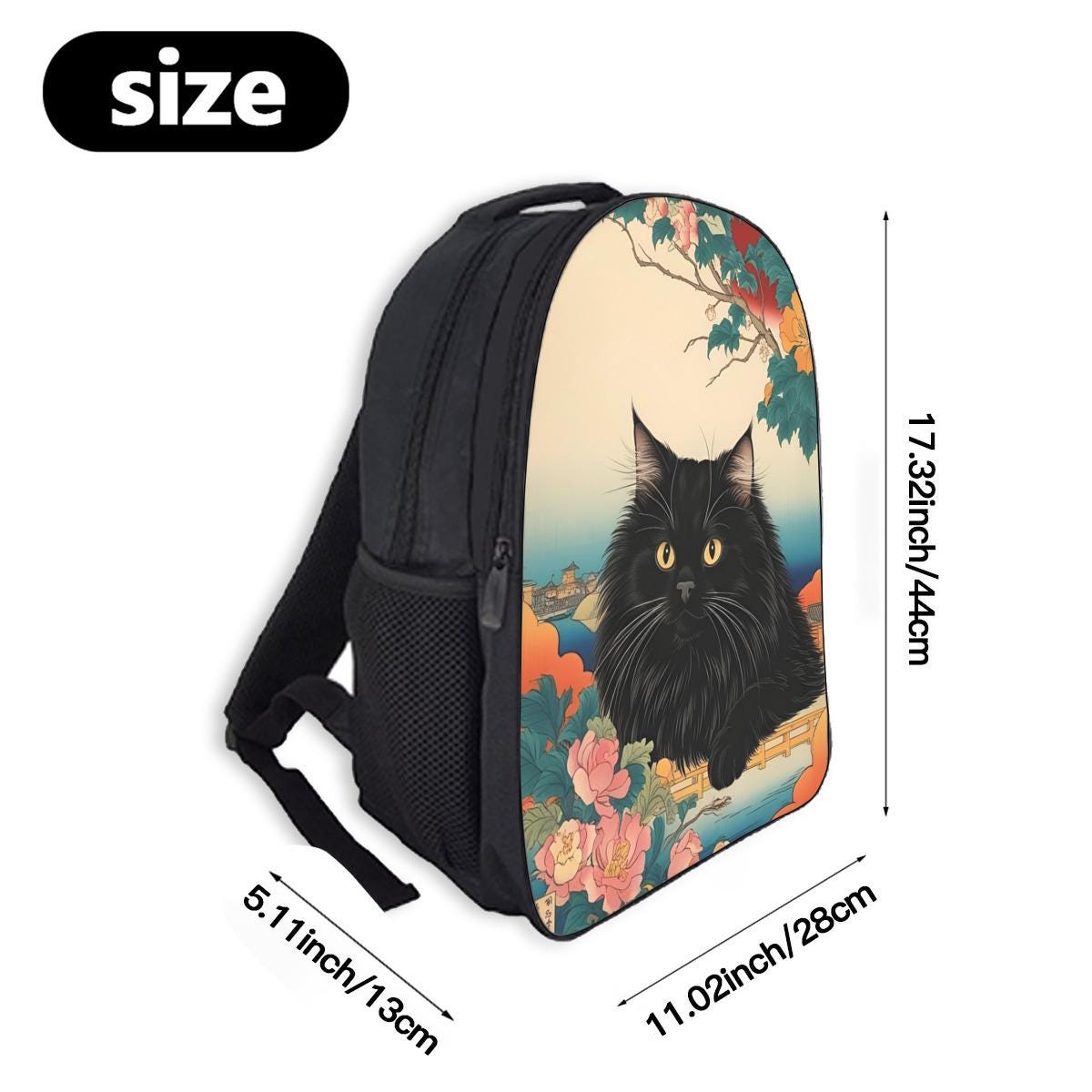 黒猫のリュックとランチバッグセット | 日本のアートスタイルの猫の