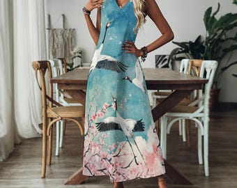 Vestido largo con escote en V y estampado de grullas Sumi-e, vestido largo de corte A con estampado de arte japonés, vestido de verano con estampado de grullas de corona roja y flores de cerezo, elegante prenda de inspiración oriental.