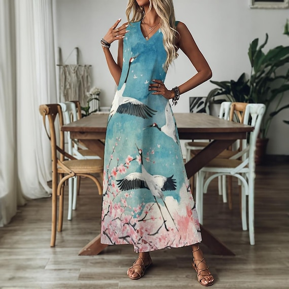 japanese a line dress Sumi-e Crane V-Neck Maxi Dress, Art Long A-Line Dress, Red-Crowned Crane & Cherry Blossom Sundress, Elegant Oriental Nature Apparel I provide exact measurements Size CN/US:XXL / 14 Vesper bengaline square neck Basque Waist