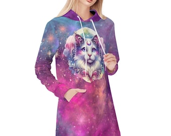 Celestial White Cat Hoodie Dress, Cosmic Galaxy Sweatshirt Dress for Cat Lovers, Whimsical hoodie dress, Fantasy Celestial hoodie dress