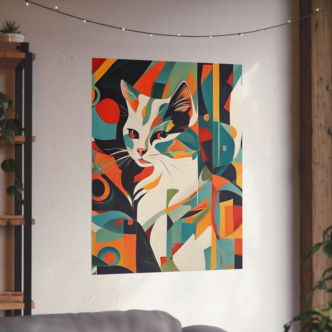 Abstract Cat Wall Art, Colorful Cat Wall Decor, Geometric Cat Poster