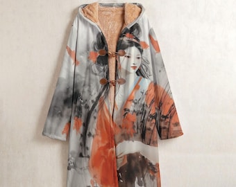 Japanese Art Fleece Coat, Geisha Painting Windbreaker, Japanese Fuzzy Lined Coat, Cozy Winter Jacket, Traditional Chinese Coat, Kimono Coat