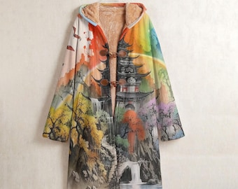 Japanese Pagoda Landscape Fleece Windbreaker Coat, Japanese Horn Button Long Hooded Coat, Traditional Japanese Streetwear, Japan Winter Coat