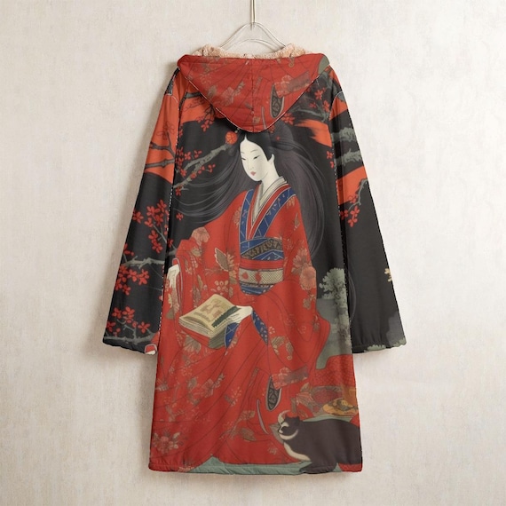 ジャケット・アウター Yacco Maricard Hokusai Kimono Gauze Coat Geisha Art Fleece Lined Hooded Coat, Japanese Kimono Windbreaker