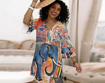 Tribal Elephant Ruffle Sleeve Dress, Ethnic Wildlife V-Neck Mini Dress, Colorful Bohemian Pattern Dress, Eclectic Festival Flounce Dress