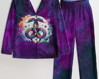 Galaxy Serpents Satin Pajama Set, Celestial Snake Spirit Sleepwear, Purple Nebula Cosmic PJs, Mystical Astrology Loungewear, Snake Pajamas