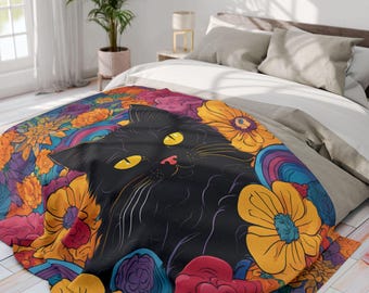 Luxury Black Cat Arctic Fleece Blanket, Floral Blanket, Floral Cat Throw Blanket, Cozy Warm Blanket for Winter, Cute Cat Lover Accessories