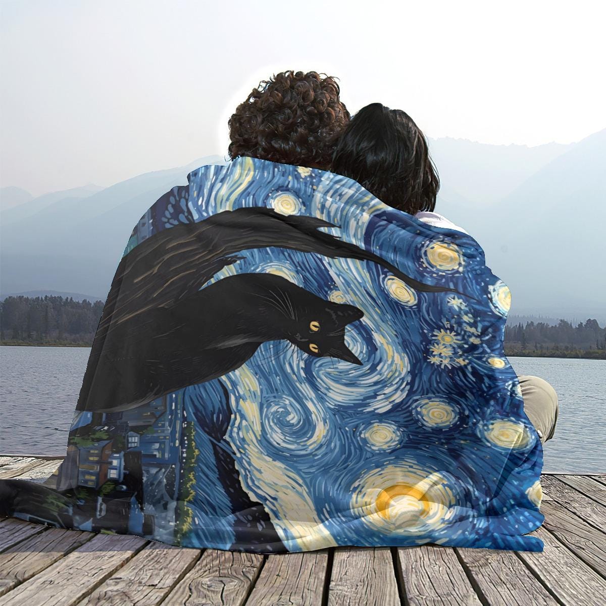 ゴッホの星月夜黒猫ブランケット、星月夜フリースフランネルスロー