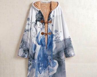 Ukiyo-e Geisha Fleece Lined Coat, Warm Japanese Art Hooded Jacket, Cozy Asian Kimono Windbreaker, Boho Winter Cardigan with Horn Buttons