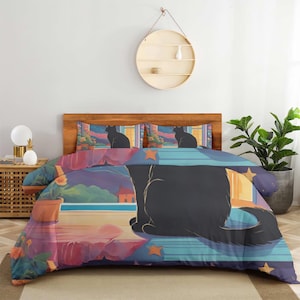 Black Cat Duvet Cover Set – Cozy 3-Piece Bedding Set with Artistic Night Scene, Soft Microfiber Comforter Cover, Whimsical Duvet Cover Set