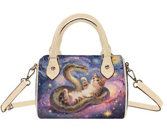 Cosmic Serpent Kitten Barrel Bag, Celestial Snake and Cat Boston Handbag, Cat Nebula Satchel, Fantasy Art Shoulder Bag, Dreamy Crossbody Bag