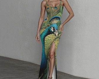 Regal Peacock Long Dress with Slit, Elegant Wildlife Peacock Maxi Dress, Peacock Evening Wear Dress, Peacock High Slit Formal Party Dress