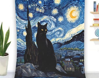Koc z motywem czarnego kota „Gwieździsta noc” Van Gogha, flanelowy koc z polaru „Gwieździsta noc”, czarny koc dla miłośników kotów, artystyczny koc z motywem nocnego nieba w galaktyce