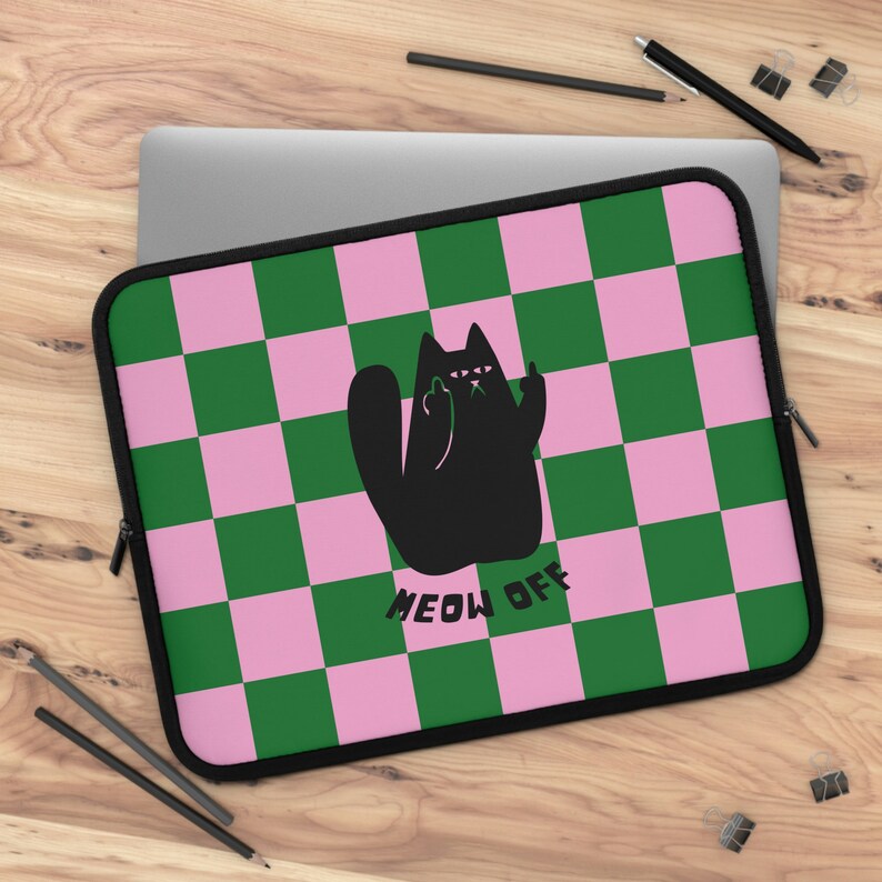 Checkered Funny Black Cat Laptop Sleeve Cat Middle Finger Etsy