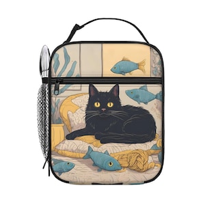 Bolsa de almuerzo con diseño de gato negro / Bolsa térmica para almuerzo con diseño de gato / Bolsa de picnic con diseño de gato lindo / Lonchera impermeable / Bolsa térmica reutilizable para almuerzo / Regalo para amantes de los gatos