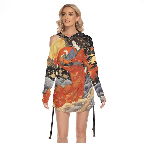 geisha short dress Japanese Geisha One Shoulder Bodycon Dress, Celestial Ruched Mini Dress,  Oriental Art Dress, Geisha Whimsical Dress, Ukiyo E Geisha Dress