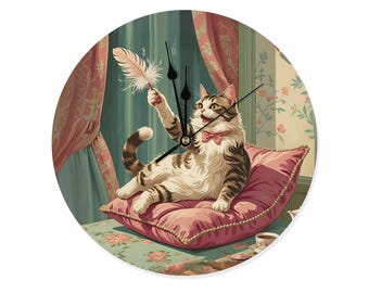 Vintage Cat Wall Clock, Preppy Cat Round Clock, Whimsical Wall Clock, Cottagecore round Clock, Victorian Cat wall Art, Funny Cat Home Decor