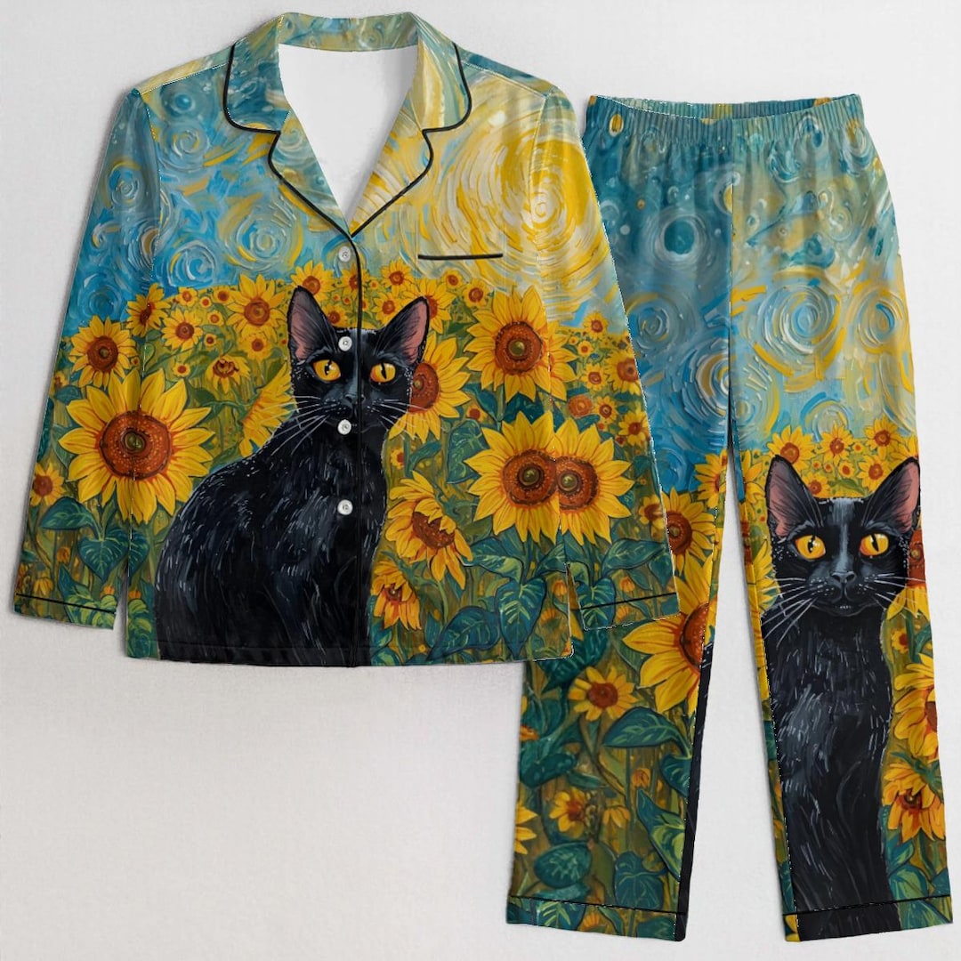 Sunflower Black Cat Satin Pajama Set for Women, Whimsical Cat Art ...