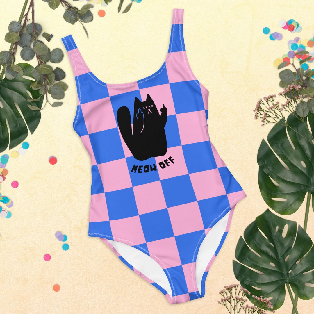 Checkered Funny Black Cat Middle Finger Onepiece Swimsuit, Kawaii
