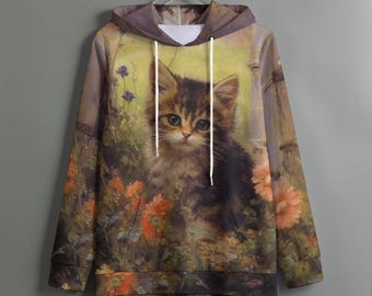 Cottagecore Cat Hoodie, Vintage Kitten Sweatshirt, Aesthetic Garden Hoodie, Cute Cat Lover hoodie, Botanical Kitten Pullover, Cozy Apparel