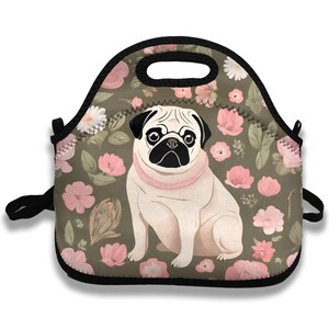 Floral Pug Insulated Lunch Tote | Cute Pug Lunch Bag | Pug Picnic Lunch Bag | Floral Pug Picnic Tote | Pug Lover Gift Idea | Pug Lover Gifts