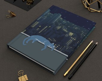 Stray Cat in a city Hardcover Journal Matte, Urban cat notebook, Blue Cat in a city journal, back to school, Coworker Gift, cat lover gift