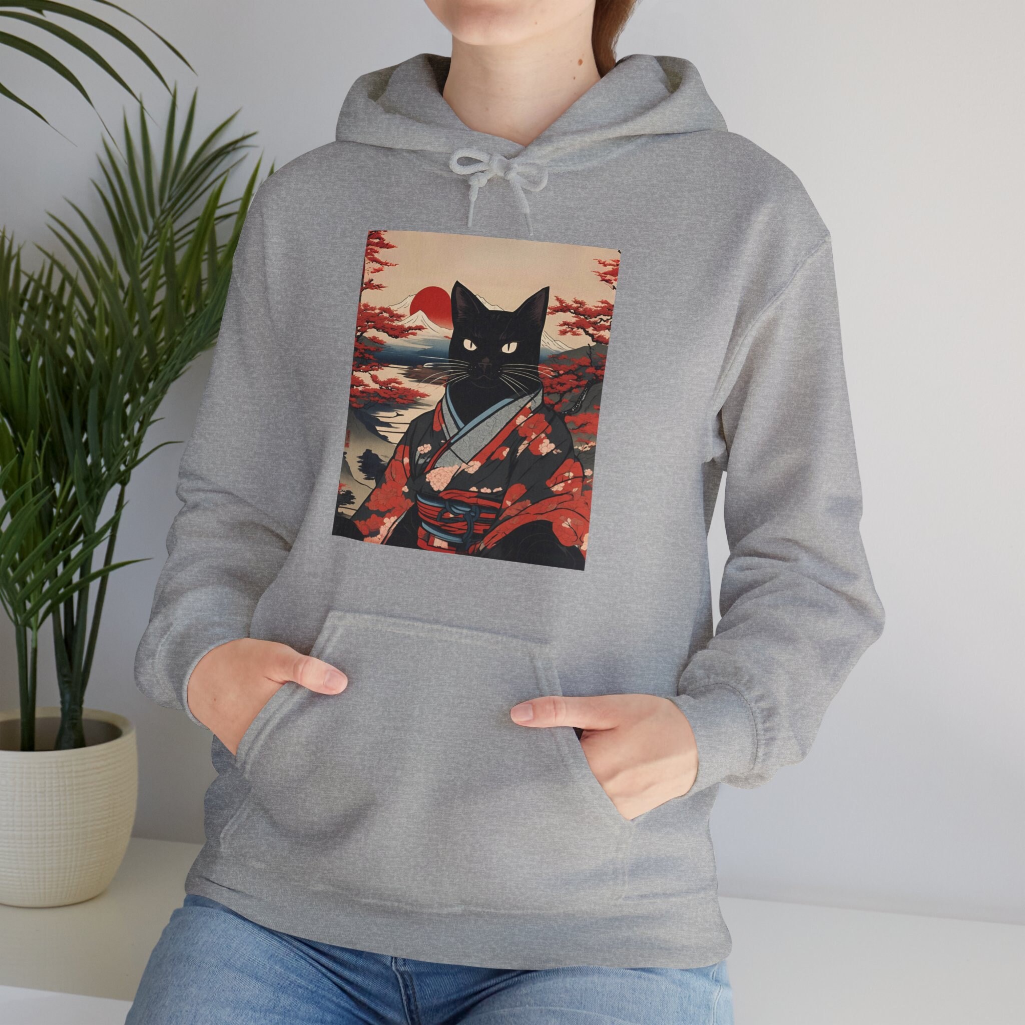 Japanese Black Cat Hooded Sweatshirt, Ukiyo-e Style Hoodie, Black