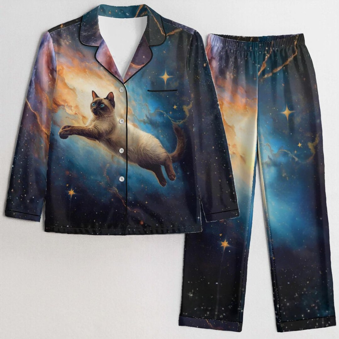 Cosmic Flying Cat Satin Pajama Set for Women, Night Sky Galaxy ...