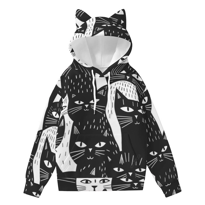 Kawaii Cat Hoodie with Ears, Women’s Cute Kawaii Cat Ear Sweatshirt, Cute Cat Lover Gift, funny cat hooded sweatshirt, fun cat lover apparel image 1