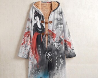 Geisha Art Fleece Lined Hooded Coat, Ukiyo-e Japanese Art Fleece Coat, Japan Kimono Coat, Traditional Chinese Coat, Horn Button Windbreaker