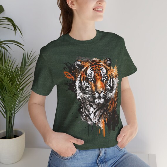 Women's Tiger Graphic Tee - Short Sleeve Casual Top With White Patchwork For Summer