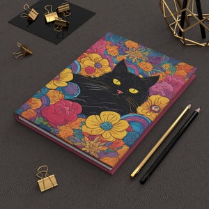 Carnet cartonné chat fleurs colorées, carnet floral chat, cadeau pour les amoureux des chats, journal chat noir pour écrire, carnet mignon, cadeaux chat noir