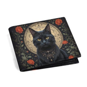 Gothic Schwarze Katze Geldbörse - Witchy PU Leder Gefaltete Geldbörse mit Rose & Mond Design | Mystische Katze Kartenhalter, einzigartiges Geschenk für Gothic Girl