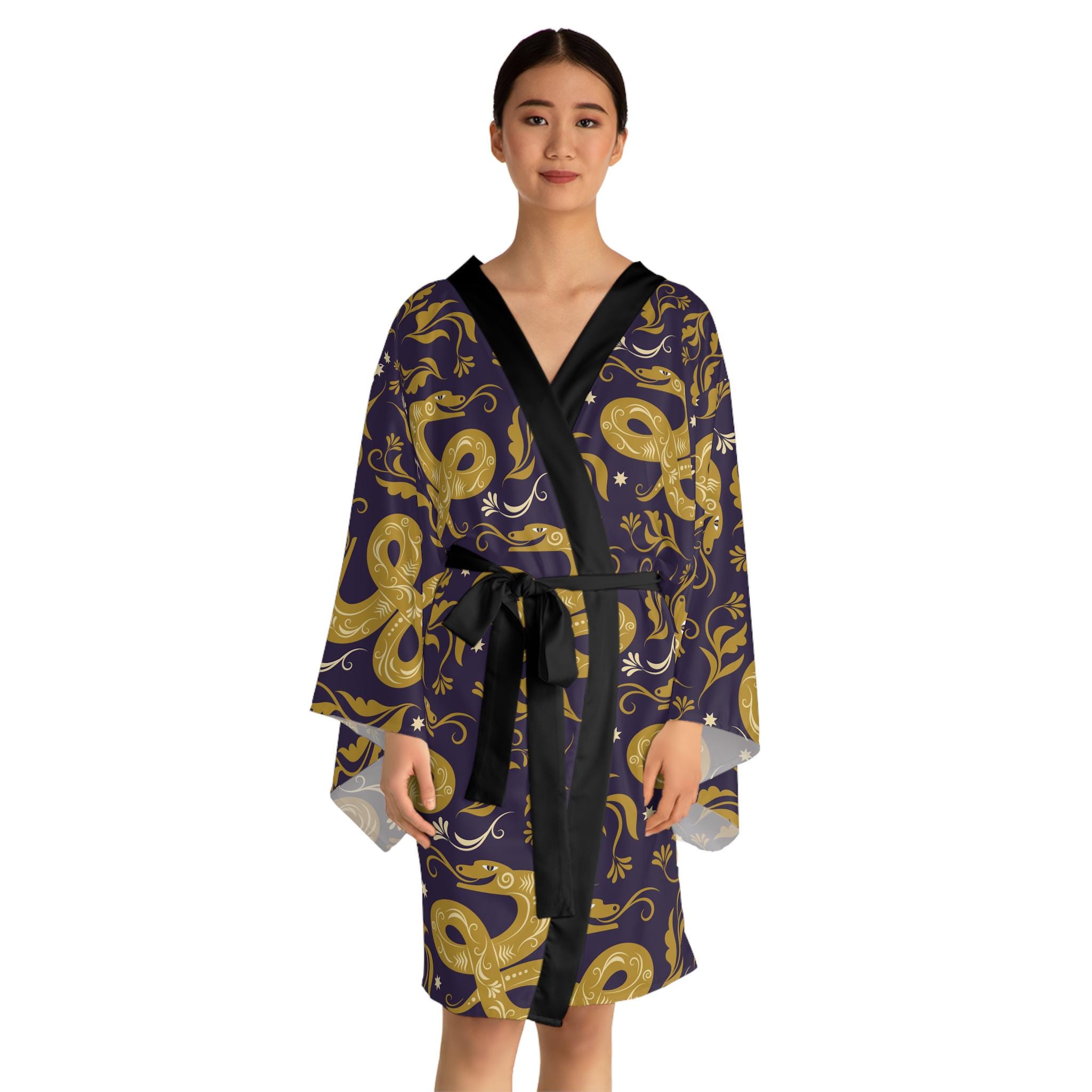 Mystical Snake Long Sleeve Kimono Robe, Serpent Print Loungewear, Boho ...