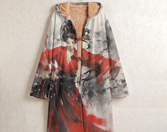 Geisha Art Fleece Lined Hooded Coat, Japanese Kimono Windbreaker Coat, Oriental Winter Jacket, Cozy Streetwear, Traditional Chinese Coat