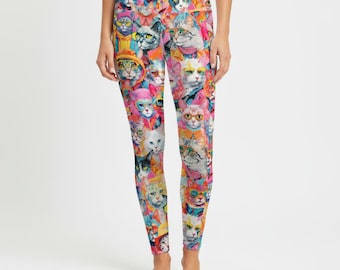 Hipster Cats High Waisted Yoga Leggings with Side Pockets, Retro Cats Leggings, Vintage Cats Sport Leggings, Groovy cats Workout leggings