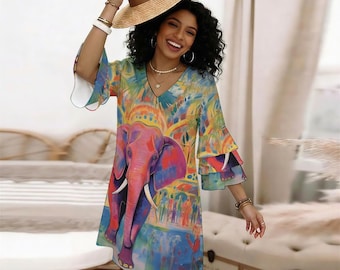 Vibrant Pink Elephant Ruffle Sleeve Dress, Colorful Jungle V-Neck Mini, Exotic Wildlife Graphic Dress Summer Festival Boho Elephant Sundress