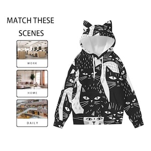 Kawaii Cat Hoodie with Ears, Women’s Cute Kawaii Cat Ear Sweatshirt, Cute Cat Lover Gift, funny cat hooded sweatshirt, fun cat lover apparel image 3