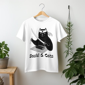 Samurai Cat Eating Sushi Shirt, funny cat shirt, cat gifts, Sushi and cats shirt, japanese black cat tee shirt, Sushi cat chef tshirt