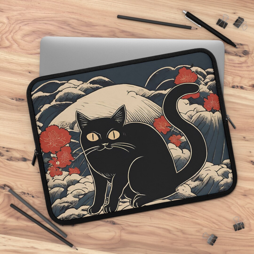 Funny Black Cat Japanese Art Laptop Sleeve, Ukiyoe Style Painting Laptop Case, Kawaii Japan