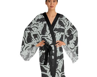 Celestial Kimono Robe, Whimsical Cats Pattern Kimono, Mystical Long Sleeve Robe, Cute Cat Lover Gift, Boho Sleepwear, Magical Lounge Wear