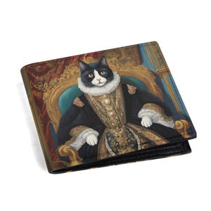 Royal Tuxedo Cat PU Leather Wallet – Funny Renaissance Cat Portrait Foldable Card Holder – Gift for Cat Lovers, baroque cat design Wallet
